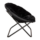Gwen 38" Oversize Portable Faux Fur Folding Saucer Moon Chair for Dorm and Bedroom, Black Faux Fur/Black Frame