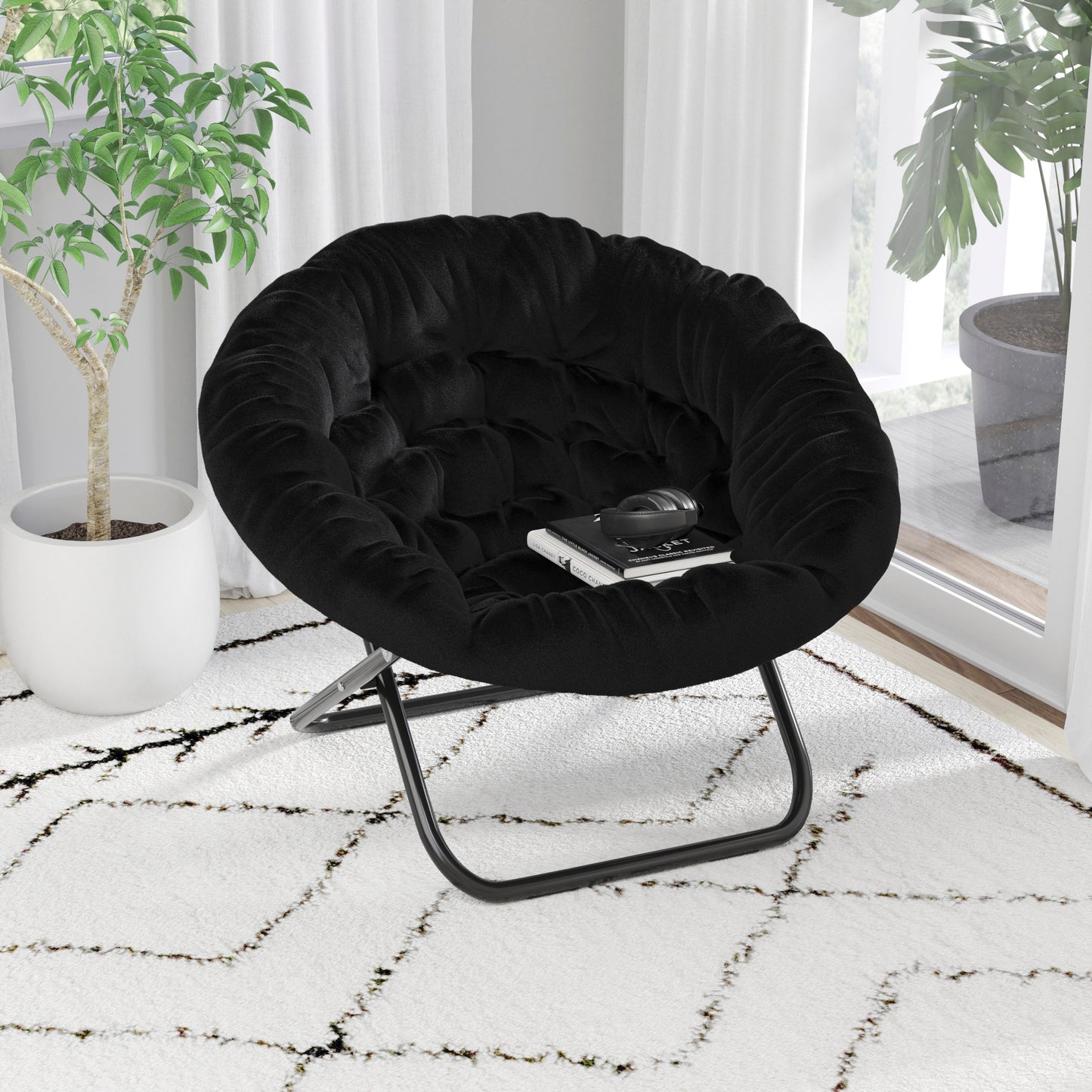 Gwen 38" Oversize Portable Faux Fur Folding Saucer Moon Chair for Dorm and Bedroom, Black Faux Fur/Black Frame