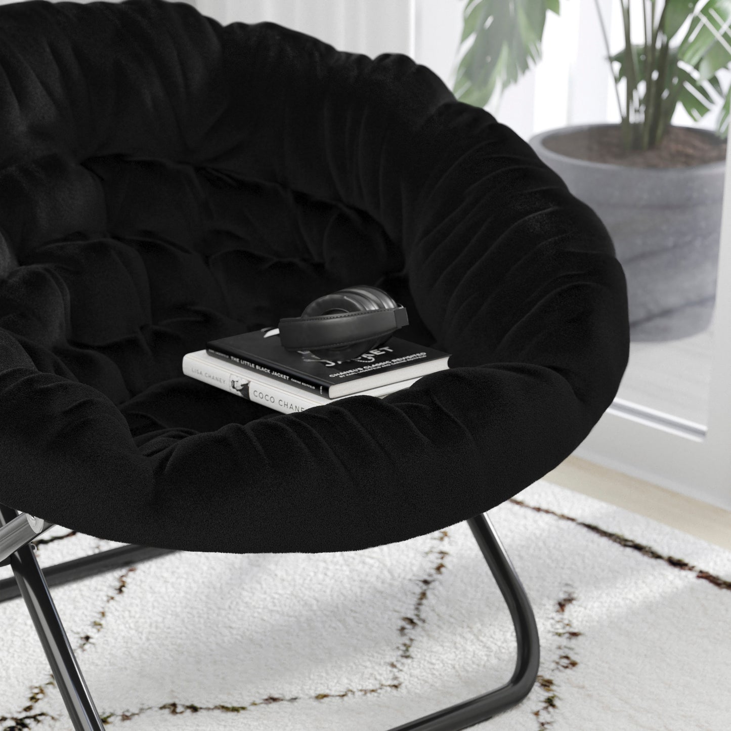 Gwen 38" Oversize Portable Faux Fur Folding Saucer Moon Chair for Dorm and Bedroom, Black Faux Fur/Black Frame