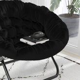 Gwen 38" Oversize Portable Faux Fur Folding Saucer Moon Chair for Dorm and Bedroom, Black Faux Fur/Black Frame