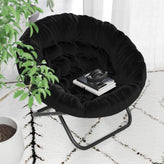 Gwen 38" Oversize Portable Faux Fur Folding Saucer Moon Chair for Dorm and Bedroom, Black Faux Fur/Black Frame
