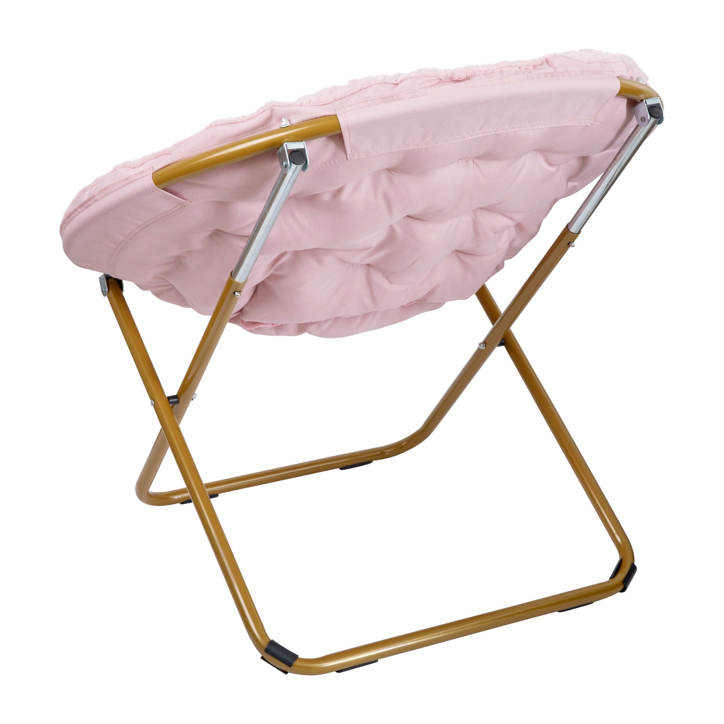Gwen 38" Oversize Portable Faux Fur Folding Saucer Moon Chair for Dorm and Bedroom, Blush Faux Fur/Soft Gold Frame