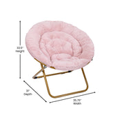Gwen 38" Oversize Portable Faux Fur Folding Saucer Moon Chair for Dorm and Bedroom, Blush Faux Fur/Soft Gold Frame
