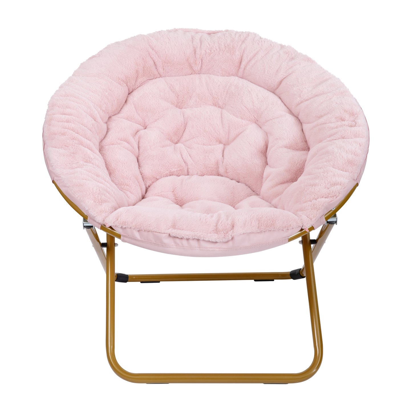 Gwen 38" Oversize Portable Faux Fur Folding Saucer Moon Chair for Dorm and Bedroom, Blush Faux Fur/Soft Gold Frame