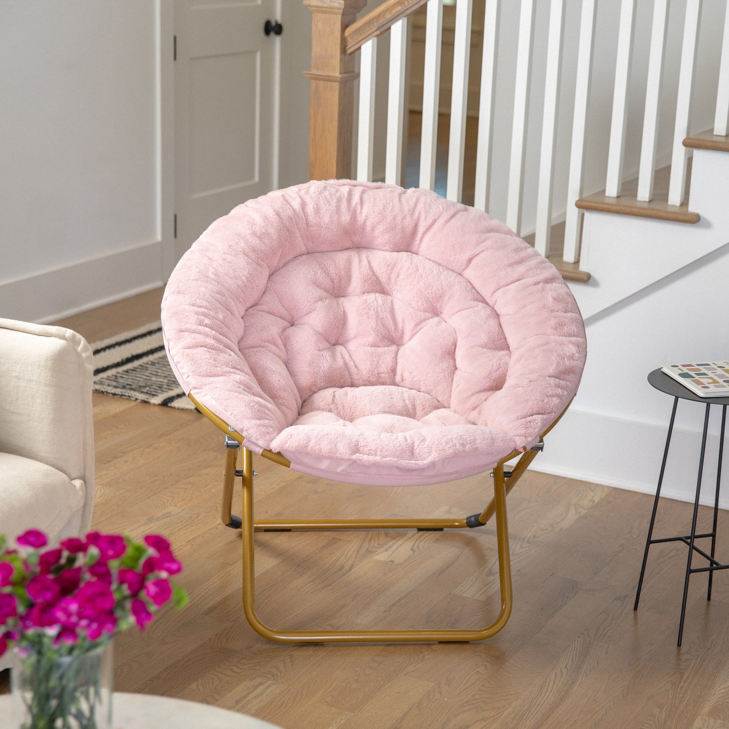 Gwen 38" Oversize Portable Faux Fur Folding Saucer Moon Chair for Dorm and Bedroom, Blush Faux Fur/Soft Gold Frame