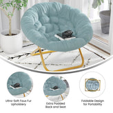 Gwen 38" Oversize Portable Faux Fur Folding Saucer Moon Chair for Dorm and Bedroom, Dusty Aqua Faux Fur/Soft Gold Frame