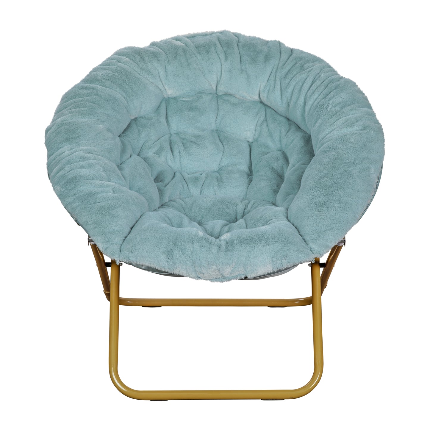 Gwen 38" Oversize Portable Faux Fur Folding Saucer Moon Chair for Dorm and Bedroom, Dusty Aqua Faux Fur/Soft Gold Frame