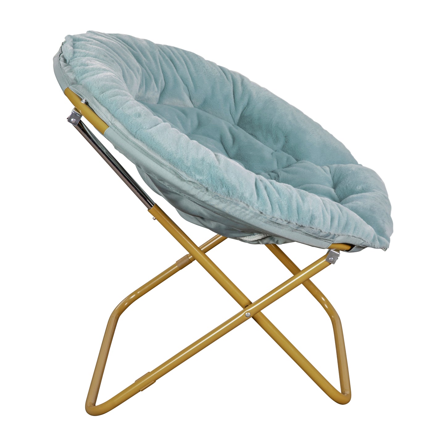 Gwen 38" Oversize Portable Faux Fur Folding Saucer Moon Chair for Dorm and Bedroom, Dusty Aqua Faux Fur/Soft Gold Frame