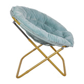 Gwen 38" Oversize Portable Faux Fur Folding Saucer Moon Chair for Dorm and Bedroom, Dusty Aqua Faux Fur/Soft Gold Frame