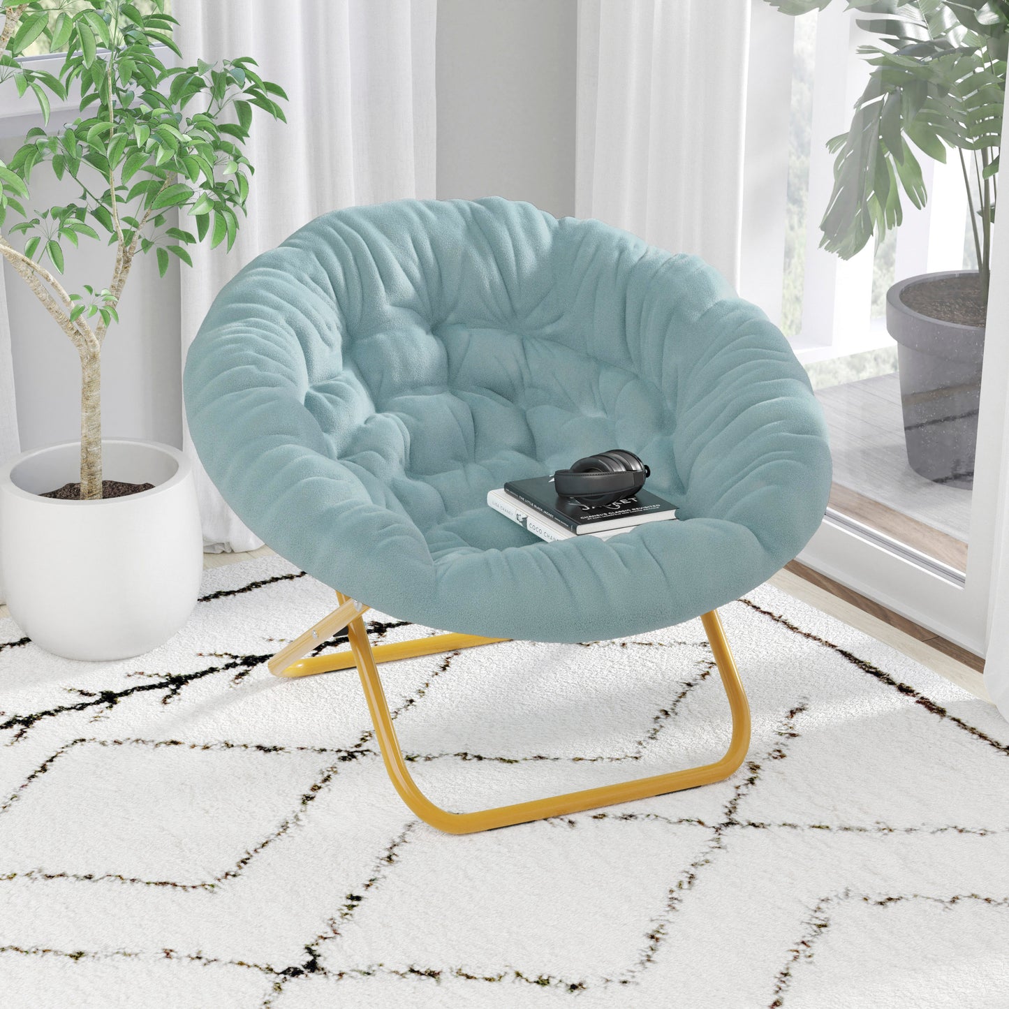 Gwen 38" Oversize Portable Faux Fur Folding Saucer Moon Chair for Dorm and Bedroom, Dusty Aqua Faux Fur/Soft Gold Frame