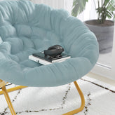 Gwen 38" Oversize Portable Faux Fur Folding Saucer Moon Chair for Dorm and Bedroom, Dusty Aqua Faux Fur/Soft Gold Frame