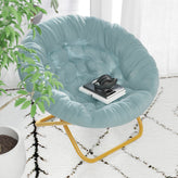 Gwen 38" Oversize Portable Faux Fur Folding Saucer Moon Chair for Dorm and Bedroom, Dusty Aqua Faux Fur/Soft Gold Frame
