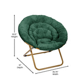 Gwen 38" Oversize Portable Faux Fur Folding Saucer Moon Chair for Dorm and Bedroom, Emerald Faux Fur/Soft Gold Frame