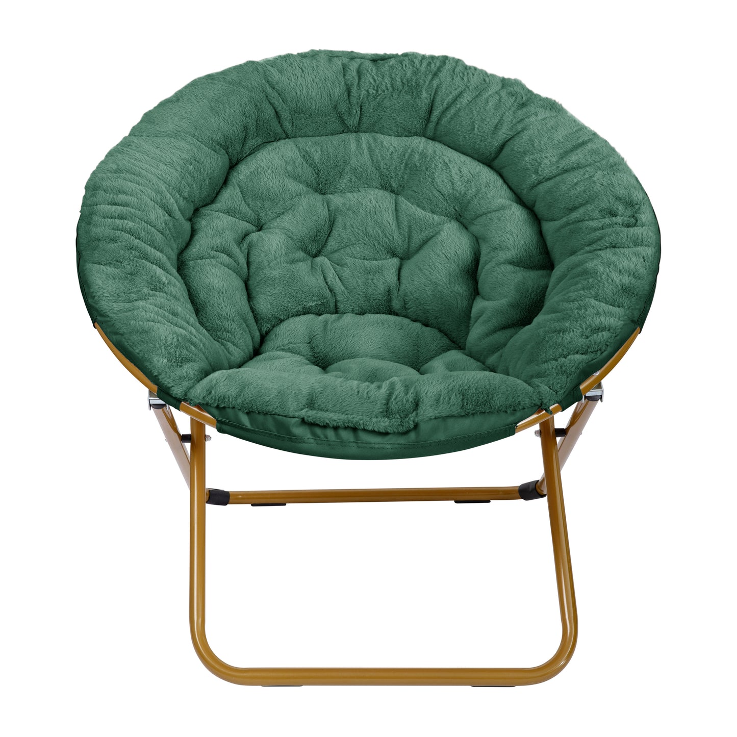 Gwen 38" Oversize Portable Faux Fur Folding Saucer Moon Chair for Dorm and Bedroom, Emerald Faux Fur/Soft Gold Frame