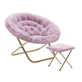 Gwen 38" Oversize Portable Faux Fur Folding Saucer Moon Chair with Folding Ottoman for Dorm and Bedroom, Dusty Purple Faux Fur/Soft Gold Frame