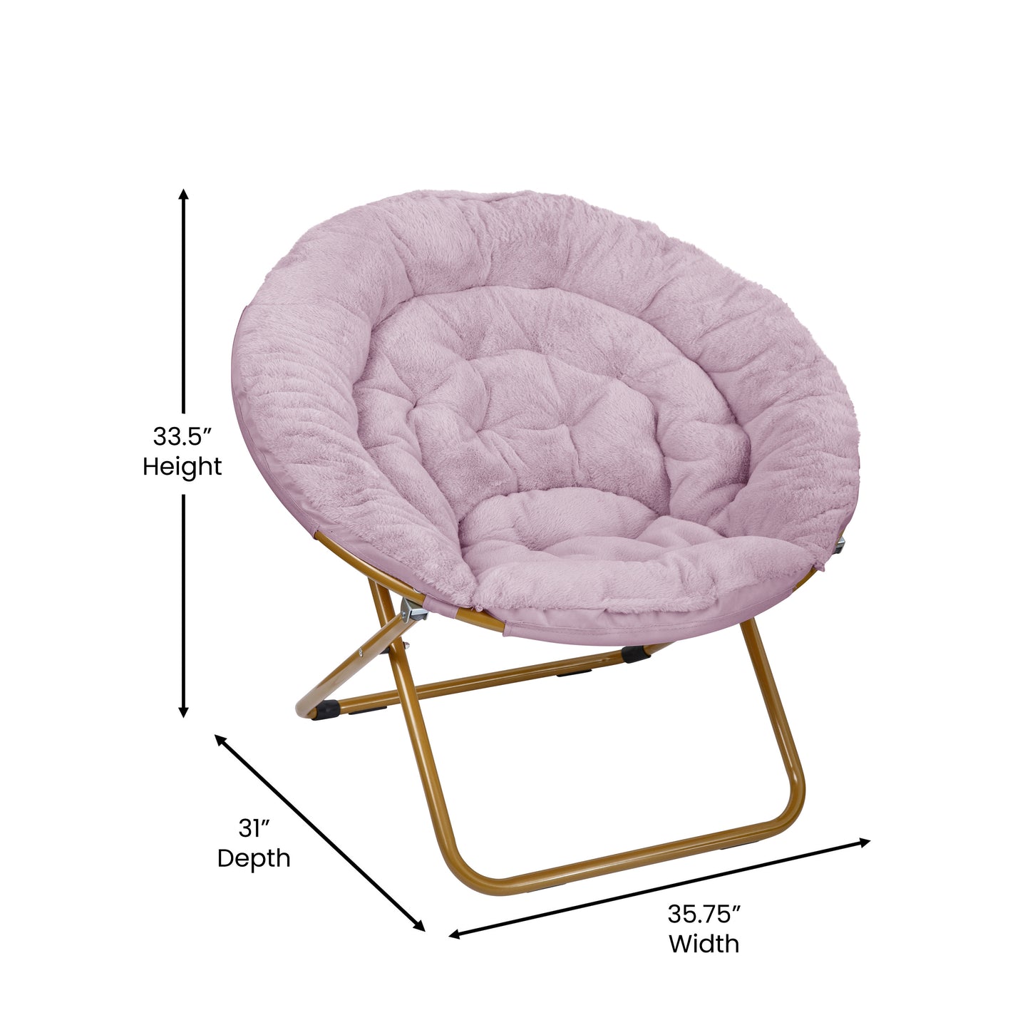 Gwen 38" Oversize Portable Faux Fur Folding Saucer Moon Chair with Folding Ottoman for Dorm and Bedroom, Dusty Purple Faux Fur/Soft Gold Frame