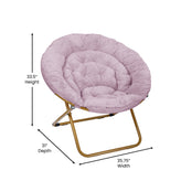 Gwen 38" Oversize Portable Faux Fur Folding Saucer Moon Chair with Folding Ottoman for Dorm and Bedroom, Dusty Purple Faux Fur/Soft Gold Frame