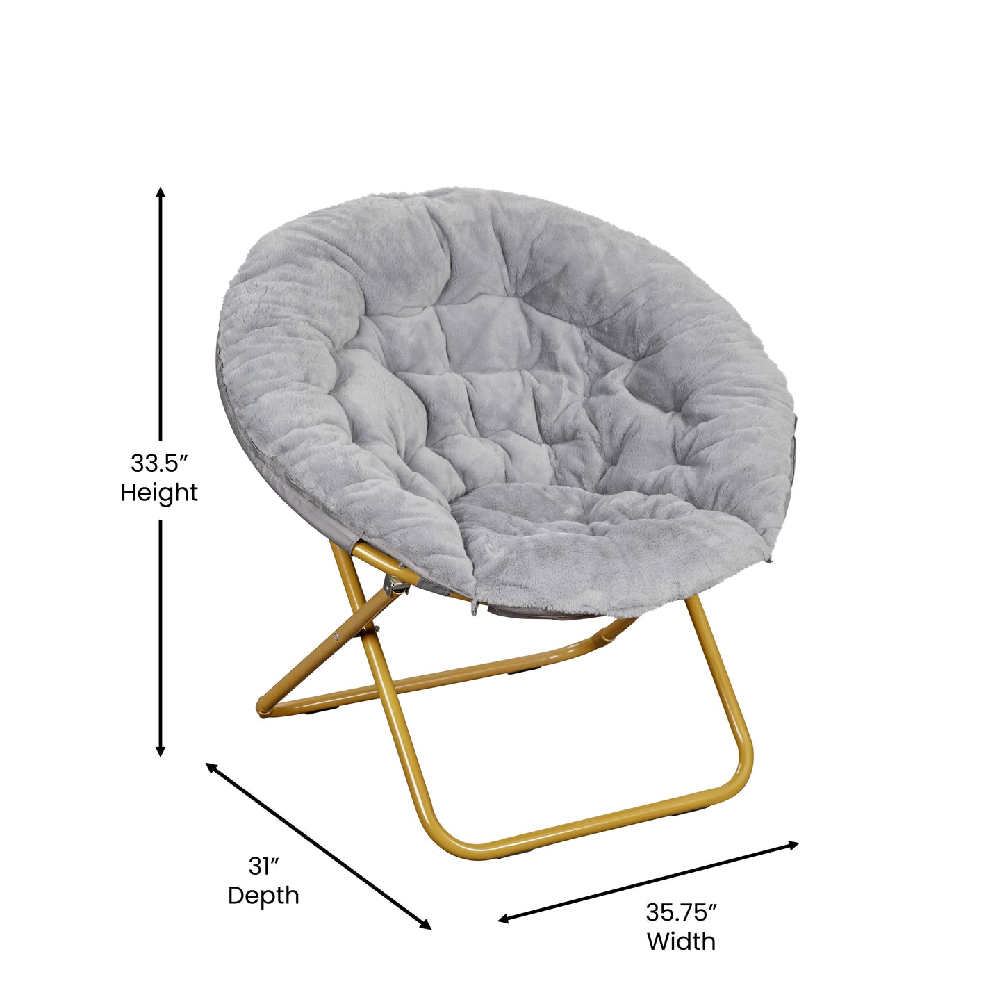 Gwen 38" Oversize Portable Faux Fur Folding Saucer Moon Chair with Folding Ottoman for Dorm and Bedroom, Gray Faux Fur/Soft Gold Frame