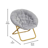 Gwen 38" Oversize Portable Faux Fur Folding Saucer Moon Chair with Folding Ottoman for Dorm and Bedroom, Gray Faux Fur/Soft Gold Frame
