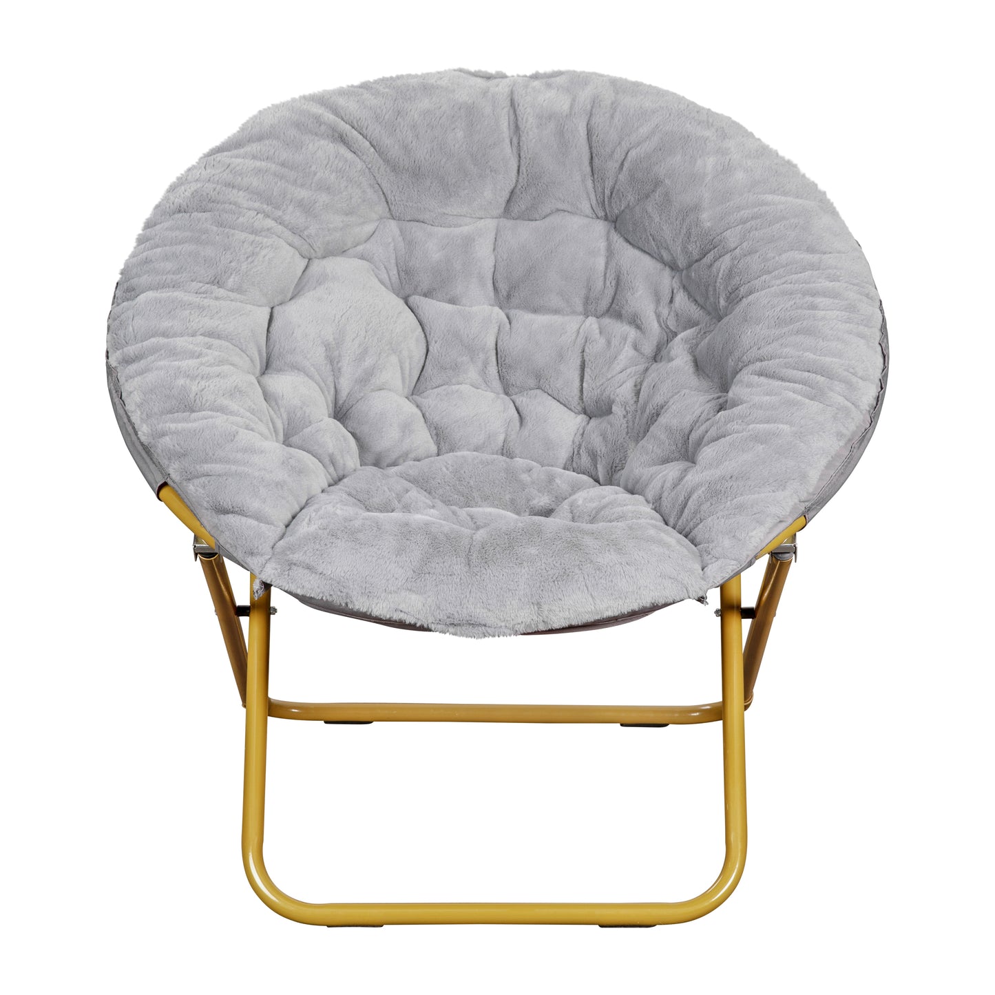 Gwen 38" Oversize Portable Faux Fur Folding Saucer Moon Chair with Folding Ottoman for Dorm and Bedroom, Gray Faux Fur/Soft Gold Frame