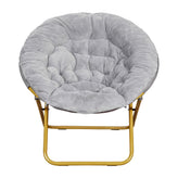 Gwen 38" Oversize Portable Faux Fur Folding Saucer Moon Chair with Folding Ottoman for Dorm and Bedroom, Gray Faux Fur/Soft Gold Frame