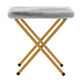 Gwen 38" Oversize Portable Faux Fur Folding Saucer Moon Chair with Folding Ottoman for Dorm and Bedroom, Gray Faux Fur/Soft Gold Frame