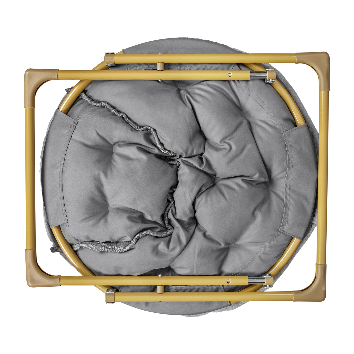 Gwen 38" Oversize Portable Faux Fur Folding Saucer Moon Chair with Folding Ottoman for Dorm and Bedroom, Gray Faux Fur/Soft Gold Frame