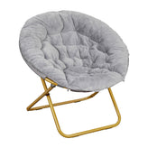 Gwen 38" Oversize Portable Faux Fur Folding Saucer Moon Chair with Folding Ottoman for Dorm and Bedroom, Gray Faux Fur/Soft Gold Frame