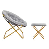 Gwen 38" Oversize Portable Faux Fur Folding Saucer Moon Chair with Folding Ottoman for Dorm and Bedroom, Gray Faux Fur/Soft Gold Frame