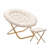 Gwen 38" Oversize Portable Faux Shearling Folding Saucer Moon Chair with Folding Ottoman for Dorm and Bedroom, Ivory Faux Shearling/Soft Gold Frame
