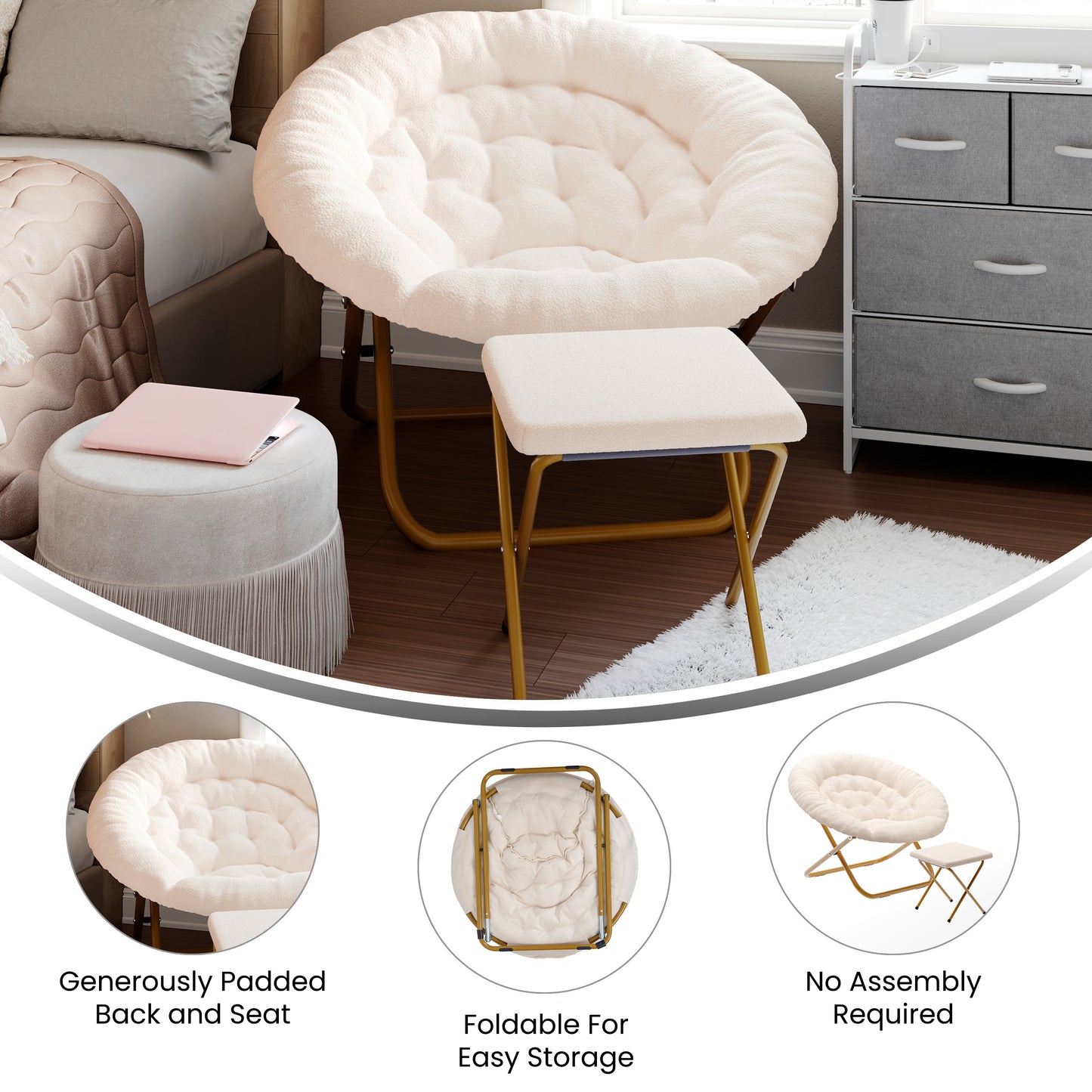 Gwen 38" Oversize Portable Faux Shearling Folding Saucer Moon Chair with Folding Ottoman for Dorm and Bedroom, Ivory Faux Shearling/Soft Gold Frame