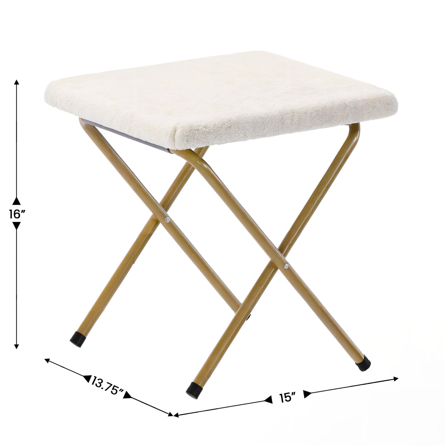 Gwen 38" Oversize Portable Faux Shearling Folding Saucer Moon Chair with Folding Ottoman for Dorm and Bedroom, Ivory Faux Shearling/Soft Gold Frame
