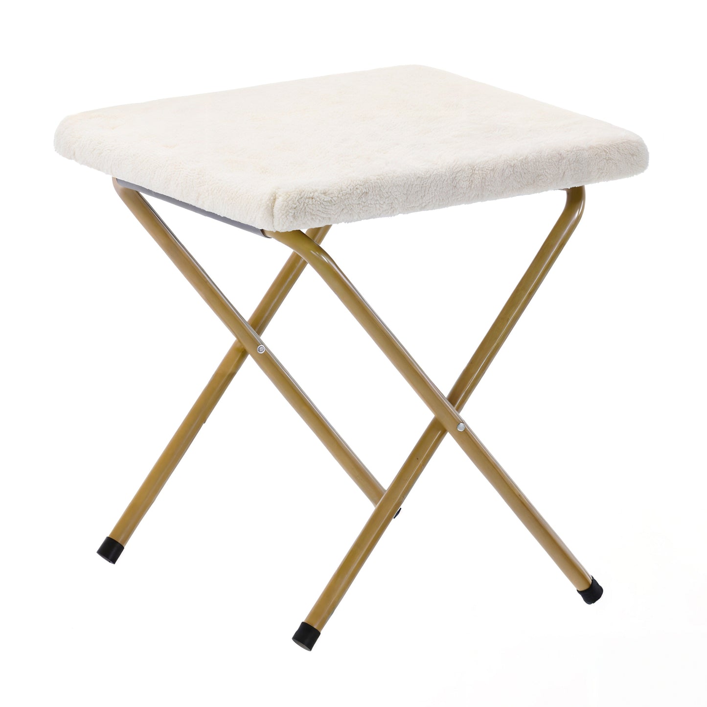 Gwen 38" Oversize Portable Faux Shearling Folding Saucer Moon Chair with Folding Ottoman for Dorm and Bedroom, Ivory Faux Shearling/Soft Gold Frame