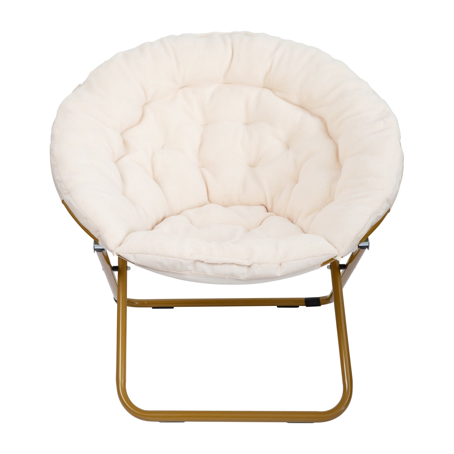 Gwen 38" Oversize Portable Faux Shearling Folding Saucer Moon Chair with Folding Ottoman for Dorm and Bedroom, Ivory Faux Shearling/Soft Gold Frame