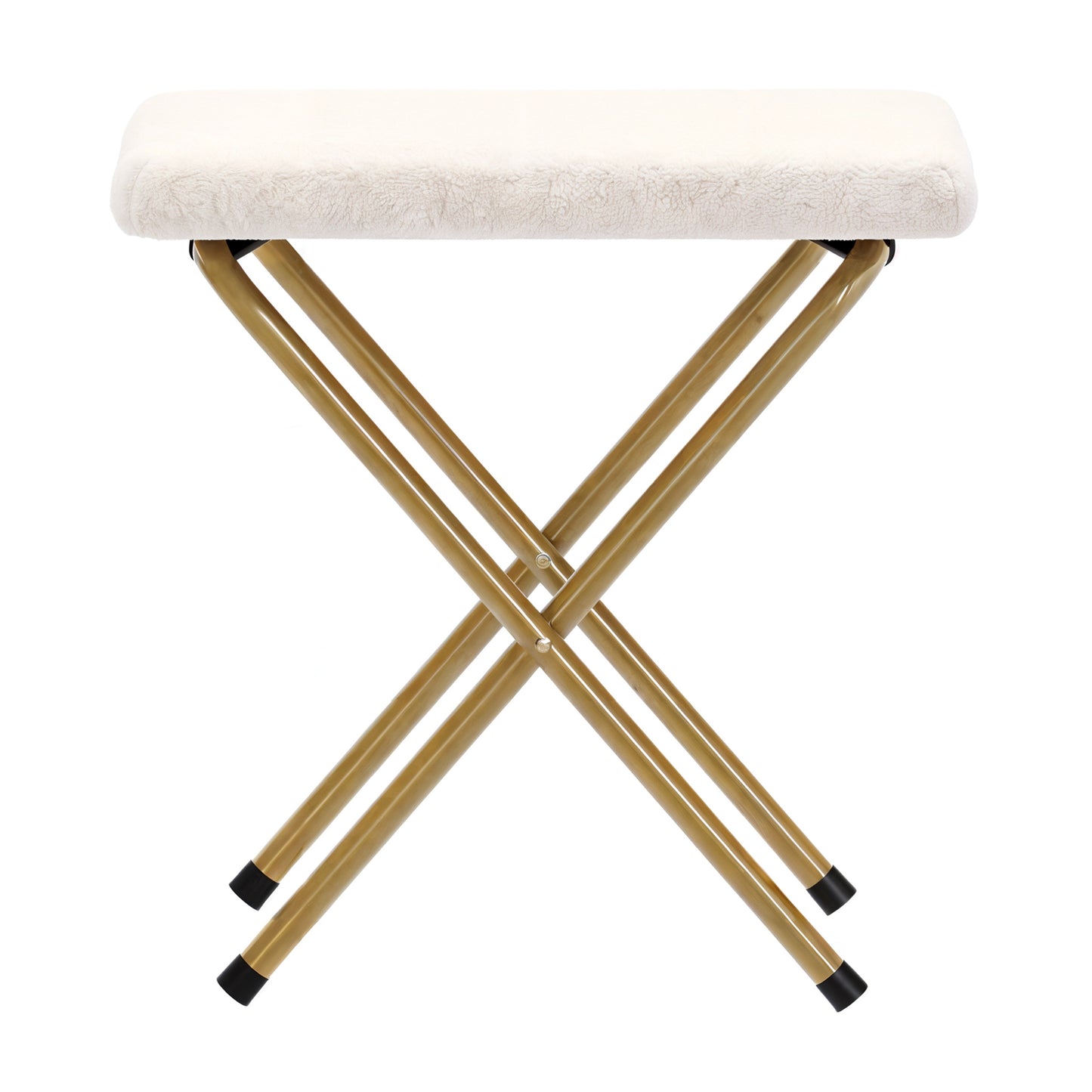 Gwen 38" Oversize Portable Faux Shearling Folding Saucer Moon Chair with Folding Ottoman for Dorm and Bedroom, Ivory Faux Shearling/Soft Gold Frame