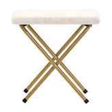 Gwen 38" Oversize Portable Faux Shearling Folding Saucer Moon Chair with Folding Ottoman for Dorm and Bedroom, Ivory Faux Shearling/Soft Gold Frame