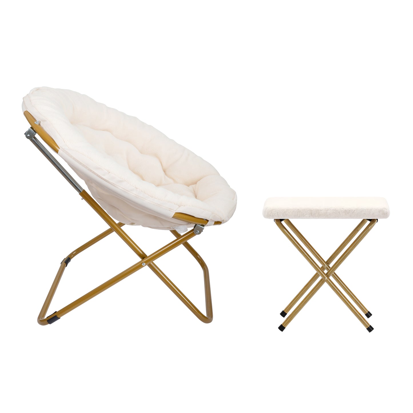 Gwen 38" Oversize Portable Faux Shearling Folding Saucer Moon Chair with Folding Ottoman for Dorm and Bedroom, Ivory Faux Shearling/Soft Gold Frame