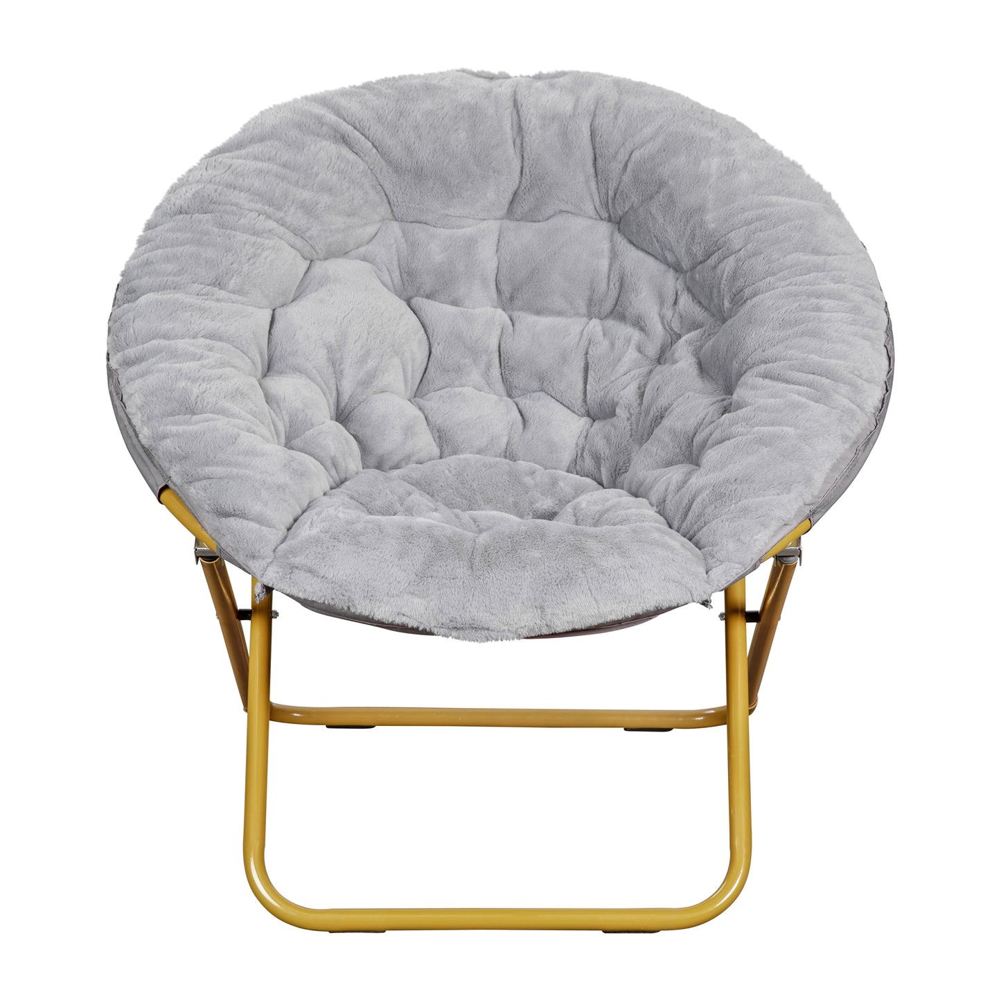 Gwen 38" Oversize Portable Faux Fur Folding Saucer Moon Chair for Dorm and Bedroom, Gray Faux Fur/Soft Gold Frame