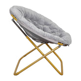 Gwen 38" Oversize Portable Faux Fur Folding Saucer Moon Chair for Dorm and Bedroom, Gray Faux Fur/Soft Gold Frame