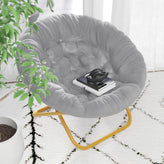 Gwen 38" Oversize Portable Faux Fur Folding Saucer Moon Chair for Dorm and Bedroom, Gray Faux Fur/Soft Gold Frame