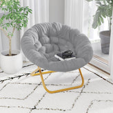 Gwen 38" Oversize Portable Faux Fur Folding Saucer Moon Chair for Dorm and Bedroom, Gray Faux Fur/Soft Gold Frame