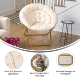 Gwen 38" Oversize Portable Faux Fur Folding Saucer Moon Chair for Dorm and Bedroom, Ivory Sherpa/Soft Gold Frame