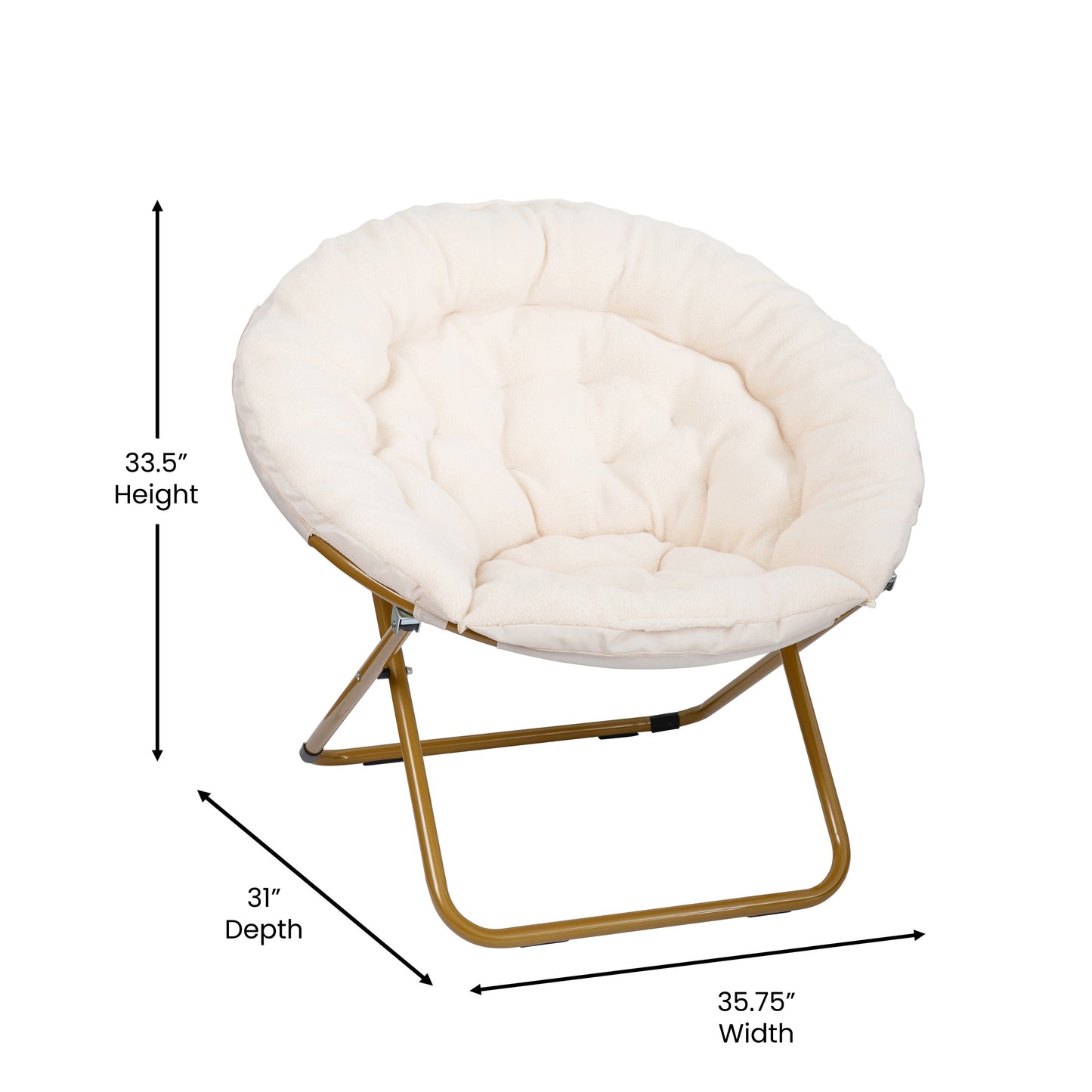 Gwen 38" Oversize Portable Faux Fur Folding Saucer Moon Chair for Dorm and Bedroom, Ivory Sherpa/Soft Gold Frame