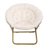Gwen 38" Oversize Portable Faux Fur Folding Saucer Moon Chair for Dorm and Bedroom, Ivory Sherpa/Soft Gold Frame