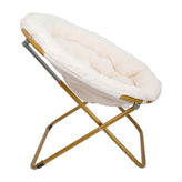 Gwen 38" Oversize Portable Faux Fur Folding Saucer Moon Chair for Dorm and Bedroom, Ivory Sherpa/Soft Gold Frame
