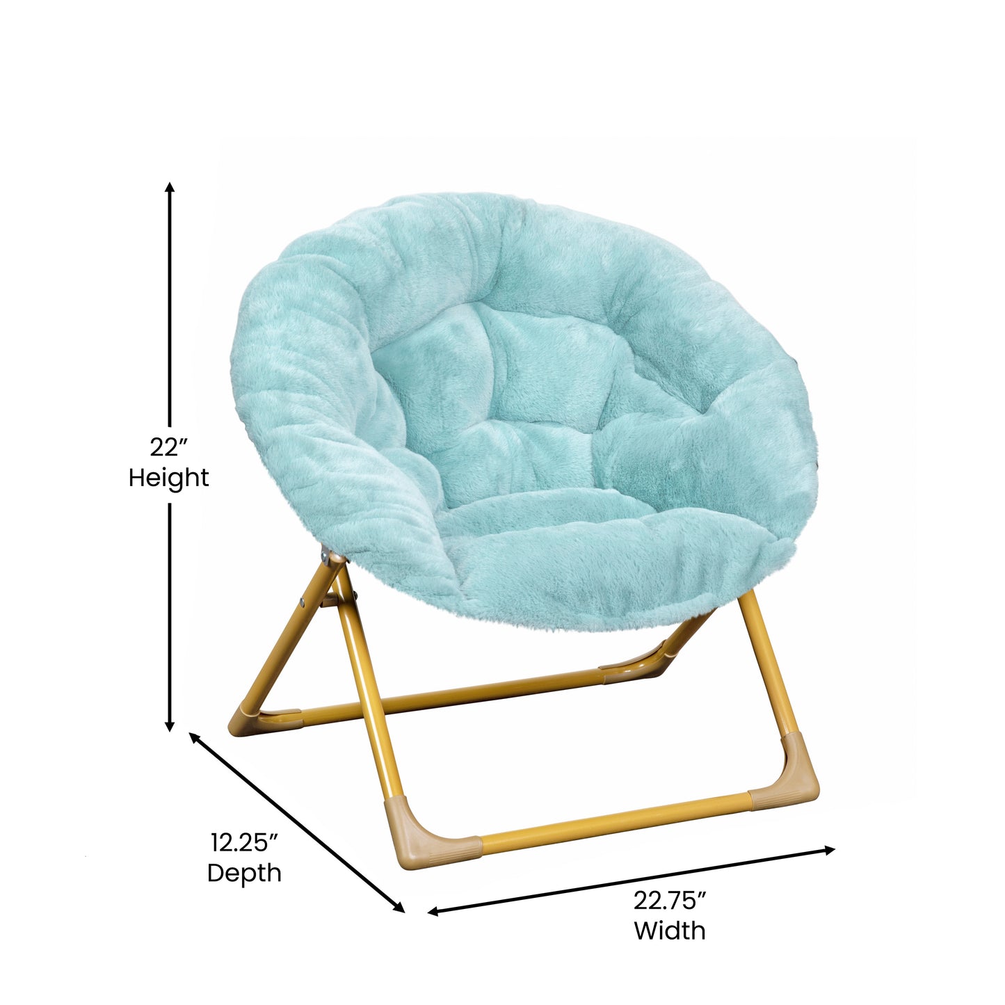 Gwen 23" Kids Cozy Mini Folding Saucer Chair, Faux Fur Moon Chair for Toddlers and Bedroom, Dusty Aqua/Soft Gold
