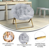 Gwen  23" Kids Cozy Mini Folding Saucer Chair, Faux Fur Moon Chair for Toddlers and Bedroom, Gray/Soft Gold
