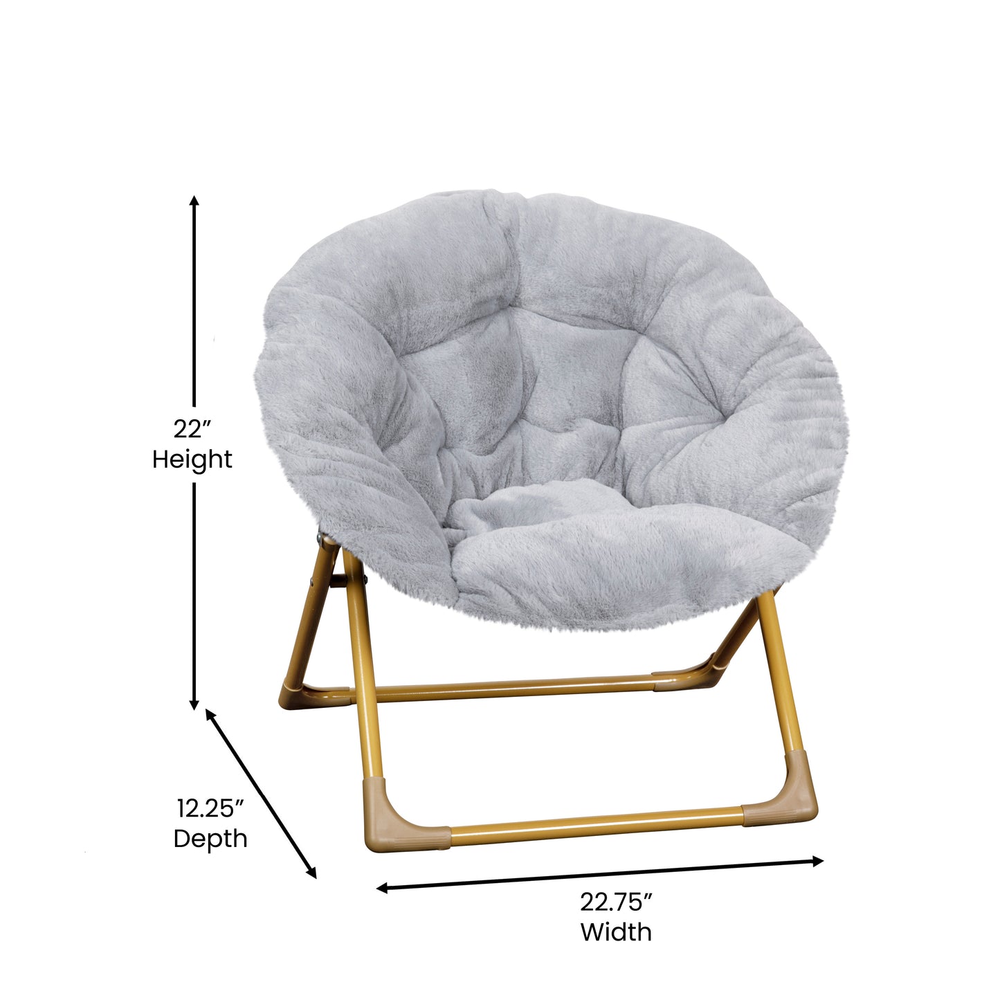 Gwen  23" Kids Cozy Mini Folding Saucer Chair, Faux Fur Moon Chair for Toddlers and Bedroom, Gray/Soft Gold