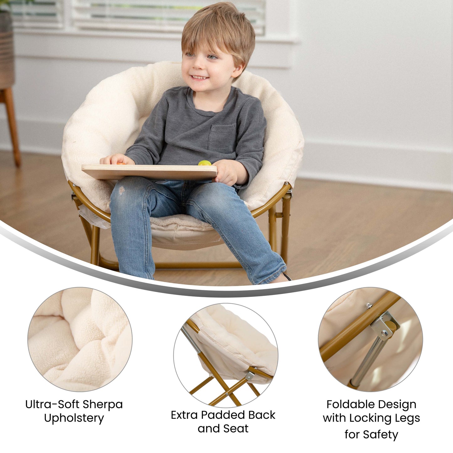 Gwen 23" Kids Cozy Mini Folding Saucer Chair, Sherpa Moon Chair for Toddlers and Bedroom, Ivory/Soft Gold