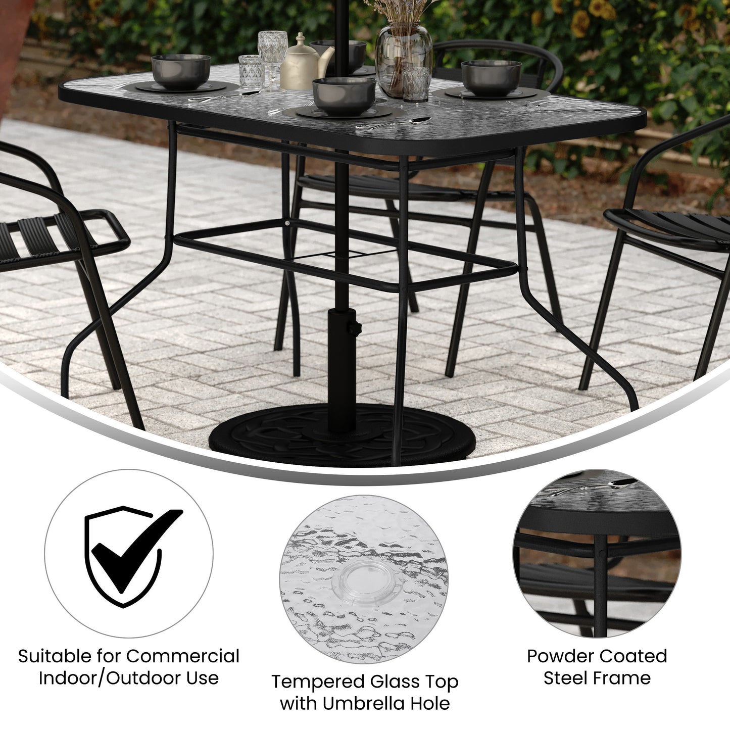 Tory Commercial Grade 27.5" x 47.25" Rectangular Patio Table with Tempered Glass Top with Umbrella Hole and Steel Tube Frame in Black